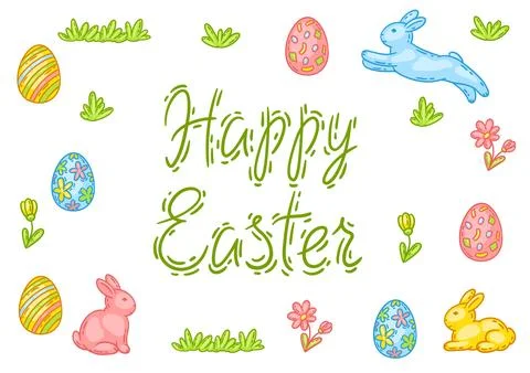 Happy Easter cute object card. Stock Illustration