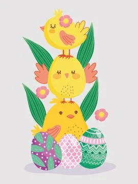 Happy easter cute pile of chickens with eggs flowers decoration Stock Illustration