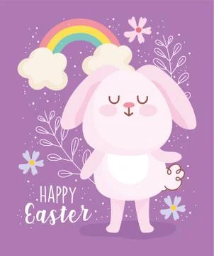 Happy easter cute pink rabbit rainbow clouds flowers decoration card Stock Illustration