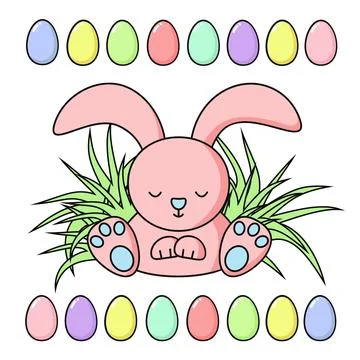 Happy Easter cute pink rabbit in grass with a border of Easter eggs isolated  Stock Illustration