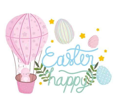 Happy easter cute rabbit on air balloon egg cartoon Stockillustratie