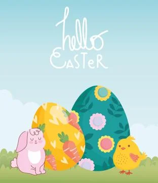 Happy easter cute rabbit and chicken with painted egg decoration with flowers Stock Illustration