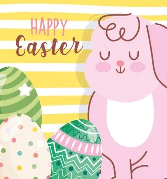 Happy easter cute rabbit and decorative eggs yellow stripes background Stock Illustration