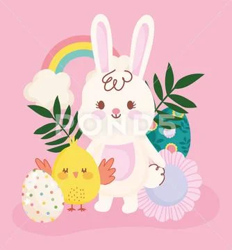 Happy easter cute rabbit and chicken egg flower rainbow decoration Stock Illustration