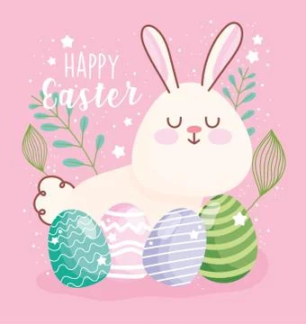 Happy easter cute rabbit and decorative eggs ornament floral Stock Illustration
