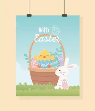 Happy easter cute rabbit with basket filled eggs Stock Illustration