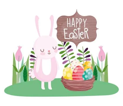 Happy easter cute rabbit with basket filled eggs decoration flowers Stock Illustration