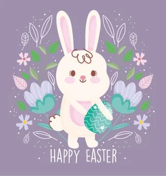 Happy easter cute rabbit carrying egg flowers decoration Stock Illustration