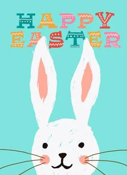 Happy easter cute rabbit cartoon in hand drawn style poster illustration Stock Illustration