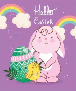 Happy easter cute rabbit chicken green egg leaves rainbow decoration Stock Illustration