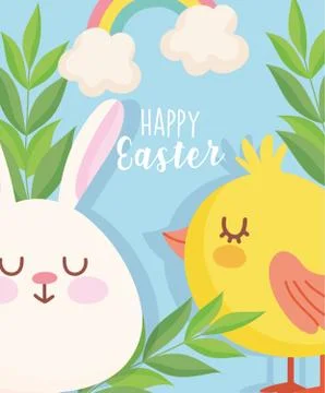 Happy easter cute rabbit chicken rainbow leaves card Illustrazione stock