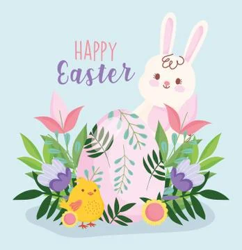 Happy easter cute rabbit chicken egg flowers leaves foliage nature decoration Stock Illustration