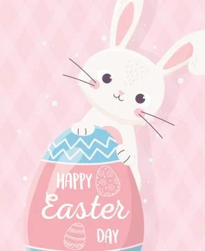 Happy easter cute rabbit with egg lettering on pink background Stock Illustration