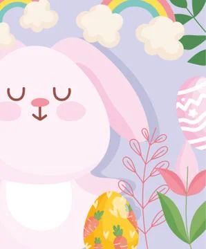 Happy easter cute rabbit with egg painting carrots flowers leaves cartoon Stock Illustration