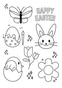 Happy Easter Cute Rabbit Egg and Flower Line Art Vector Set Stock Illustration