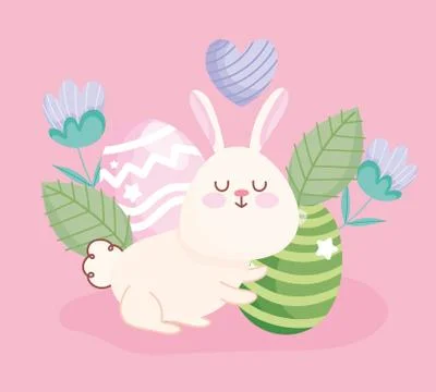 Happy easter cute rabbit eggs flowers leaves floral decoration Illustrazione stock