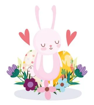 Happy easter cute rabbit eggs flowers foliage decoration Stock Illustration
