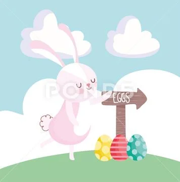 Happy easter cute rabbit with eggs and arrow on grass Stock Illustration