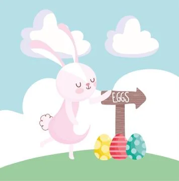 Happy easter cute rabbit with eggs and arrow on grass Illustrazione stock