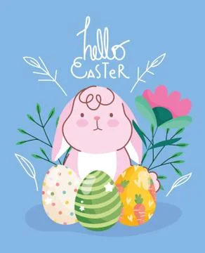 Happy easter cute rabbit eggs flowers foliage nature celebration Stock Illustration