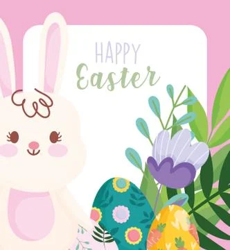 Happy easter cute rabbit eggs leaves foliage decoration card Illustrazione stock