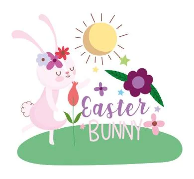Happy easter cute rabbit with flowers in head decoration festive card Stock Illustration