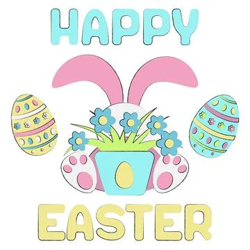 Happy Easter cute rabbit hid behind a pot of flowers and Easter eggs. Postcar Stock-Illustration