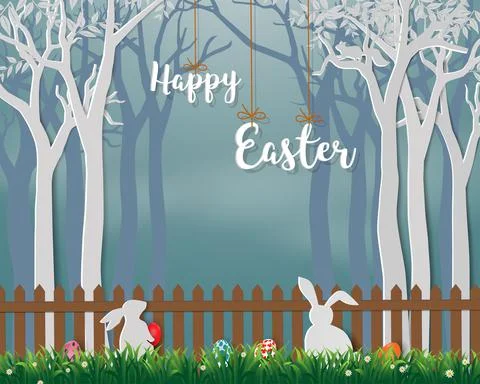 Happy Easter with cute rabbits and colorful eggs on paper art background,for  Stock Illustration