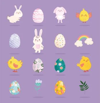Happy easter cute rabbits chickens rainbow eggs flower icons Stock Illustration