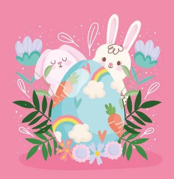 Happy easter cute rabbits egg with carrots and rainbow floral flower decoration Stock Illustration