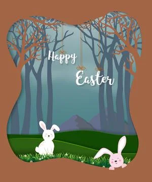 Happy Easter with cute rabbits in the forest for holiday,celebration party or Stock Illustration