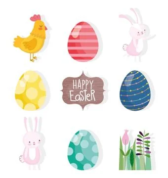 Happy easter cute rabbits hen eggs flower leaves icons Stock Illustration