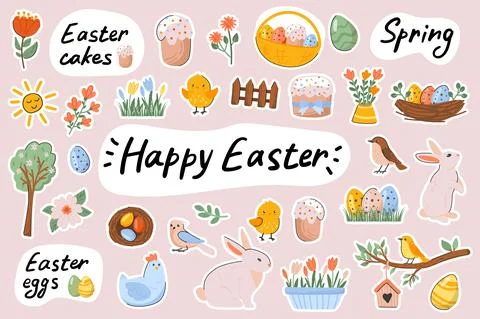 Happy Easter cute stickers template set. Bundle of festive cakes, eggs, bunni イラスト素材