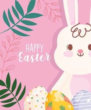 Happy easter cute white rabbit with decorative eggs foliage Stock Illustration