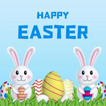 Happy easter day 3d illustration with two rabbits holding eggs Stock Illustration