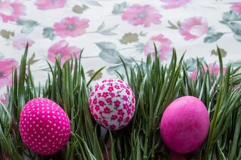 Happy Easter Day Around Pink Flowers With Pink Eggs On a Pink Background Stock Photos