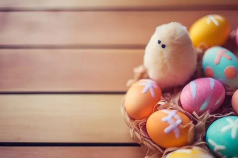 Happy Easter Day background and backdrop, cute bunny rabbit, ornament, and .. Stock Photos