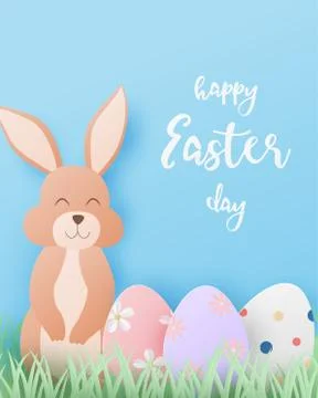 Happy Easter day background with bunny and eggs in paper cut style. Digital c Stock Illustration