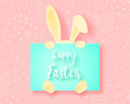 Happy Easter day background with bunny hide behind banner in paper cut style. Stock Illustration