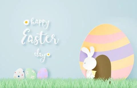 Happy Easter day background with bunny and eggs in paper cut style. Digital c Illustrazione stock