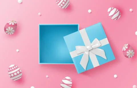 Happy Easter day background with Easter eggs and blue gift box on pink backgr Stock Illustration