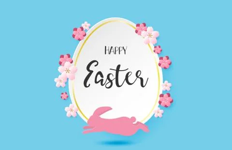 Happy Easter day background with flower and pink rabbit in paper cut style. D Stock Illustration