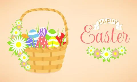 Happy easter day banner design. basket with Easter eggs and flowers. 스톡 일러스트