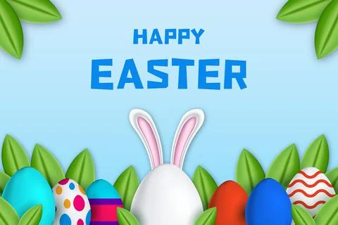 Happy easter day banner poster design with 3d illustration eggs, leaves Stock Illustration