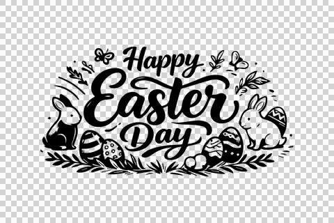 Happy Easter Day Black and White Lettering Horizontal Design Stock Illustration