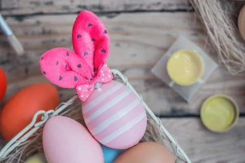 Happy Easter day, bunny and egg for celebrate in April. Stock Photos