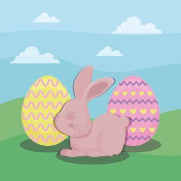 Happy easter day card with cute rabbit and eggs Stock Illustration