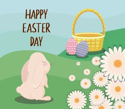 Happy easter day card with cute rabbit and landscape Stock Illustration