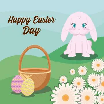 Happy easter day card with cute rabbit and landscape Illustrazione stock
