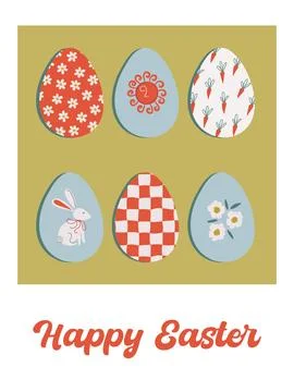 Happy Easter day card or poster with ornate eggs. Retro style holiday banner. Stock Illustration